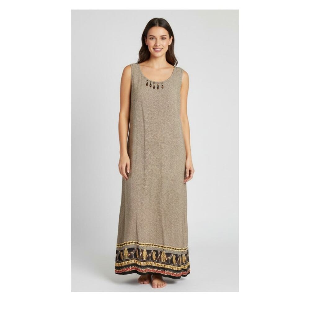 Vtg 90s Nina Piccalino Midi Dress sz 10 Brown Leopard Cheetah Safari Beaded‎ USA